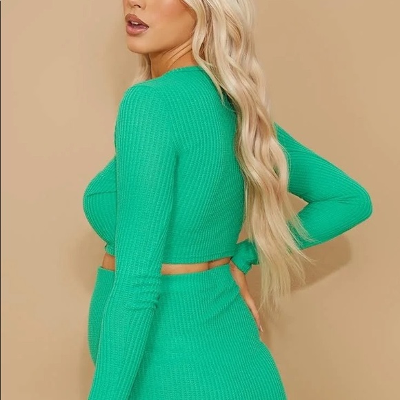 Maternity Green Waffle Button Through Long Sleeve Top & skirt - Picture 4 of 5